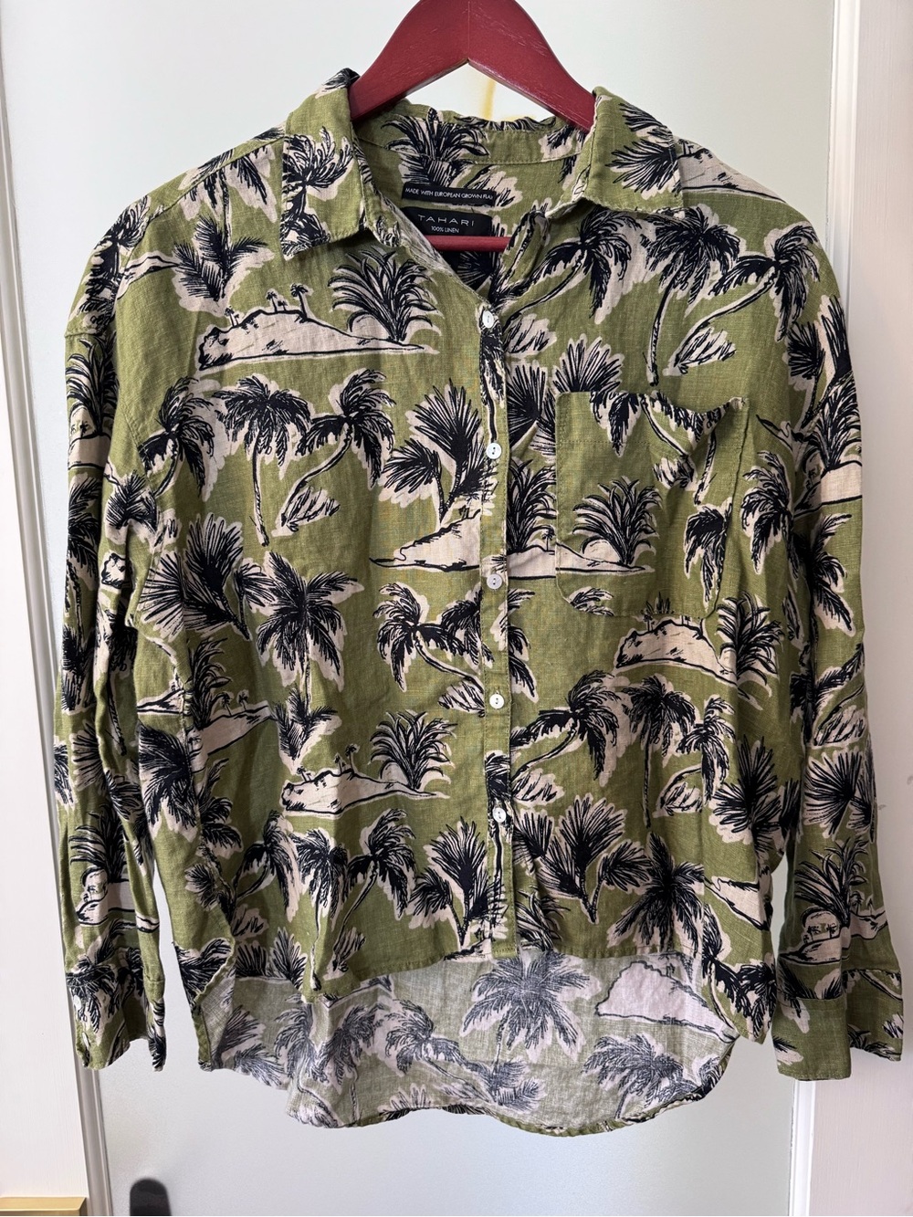 Tahari Olive Green Palm-Print Button-Down Shirt